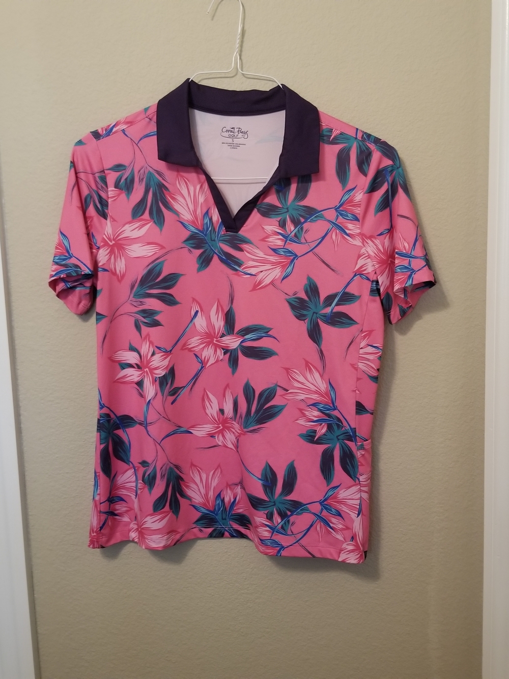 Coral Bay Pink Floral Polo with Teal and Navy Accents Size S